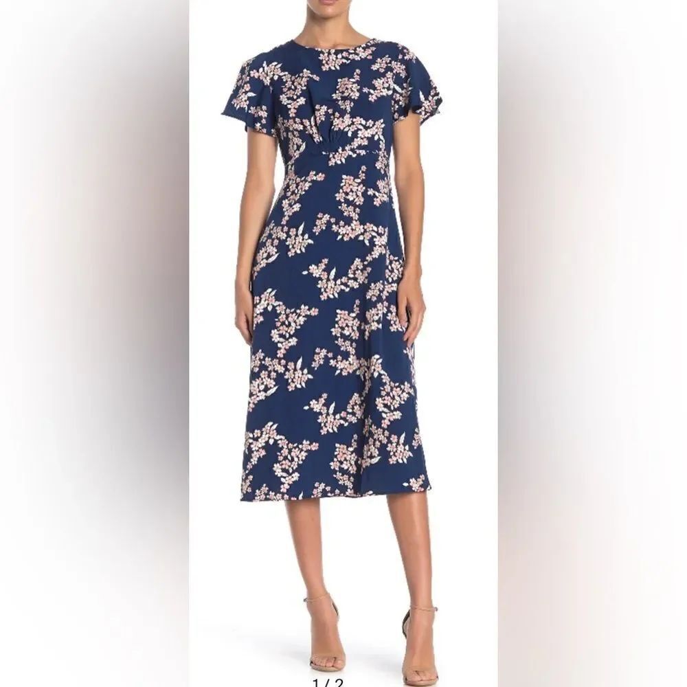 NWT Bobeau Short Flutter sleeve open back midi dress- navy- size M